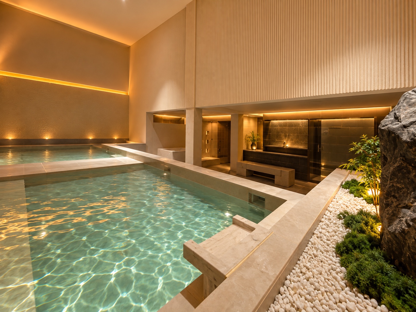 Weite Ansicht der Badebecken im Ensen Onsen & Spa.