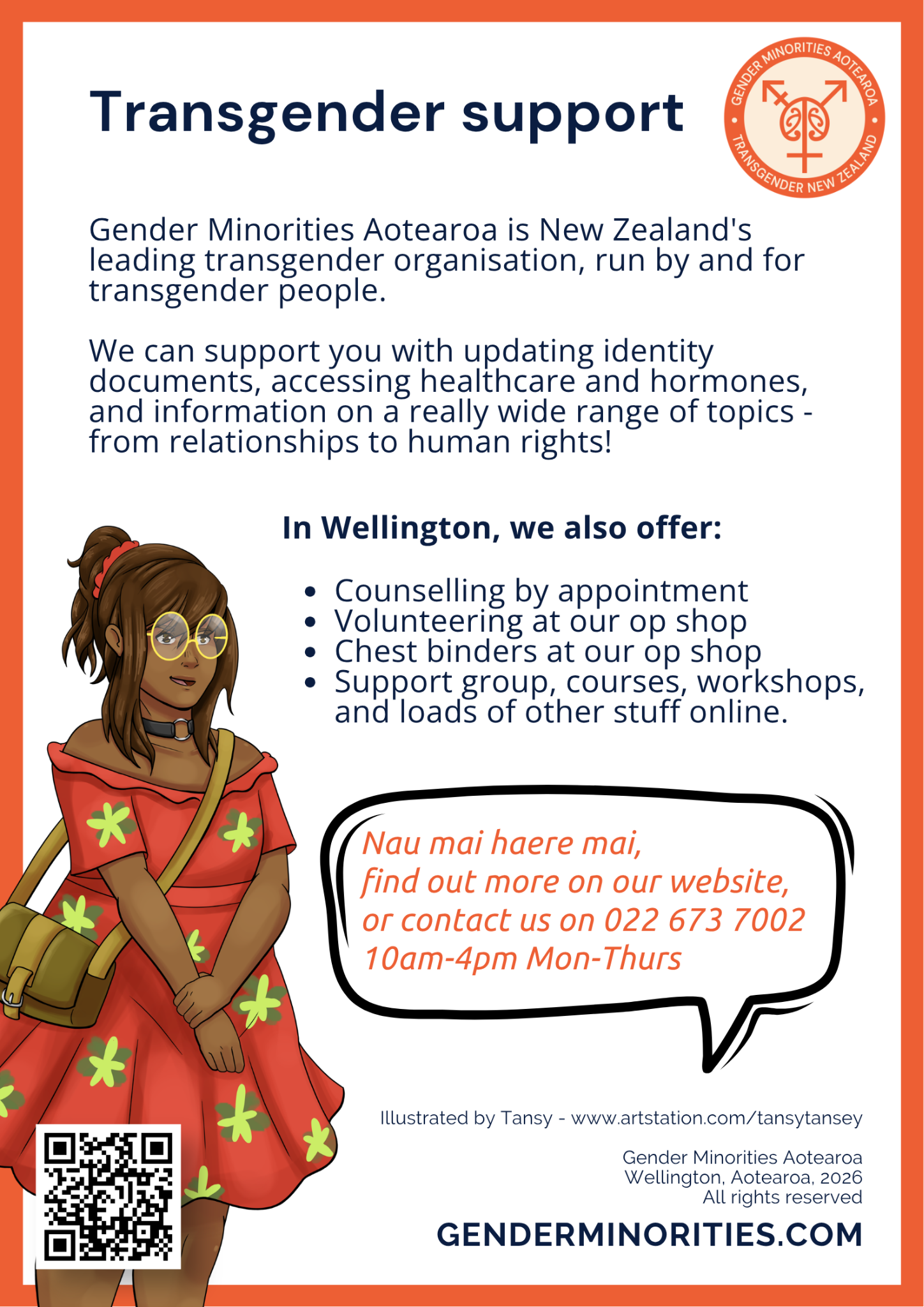 Informationsplakat von Gender Minorities Aotearoa 2026: Aktuelle Unterstützungsangebote und Kontaktzeiten. Illustration von Tansy.